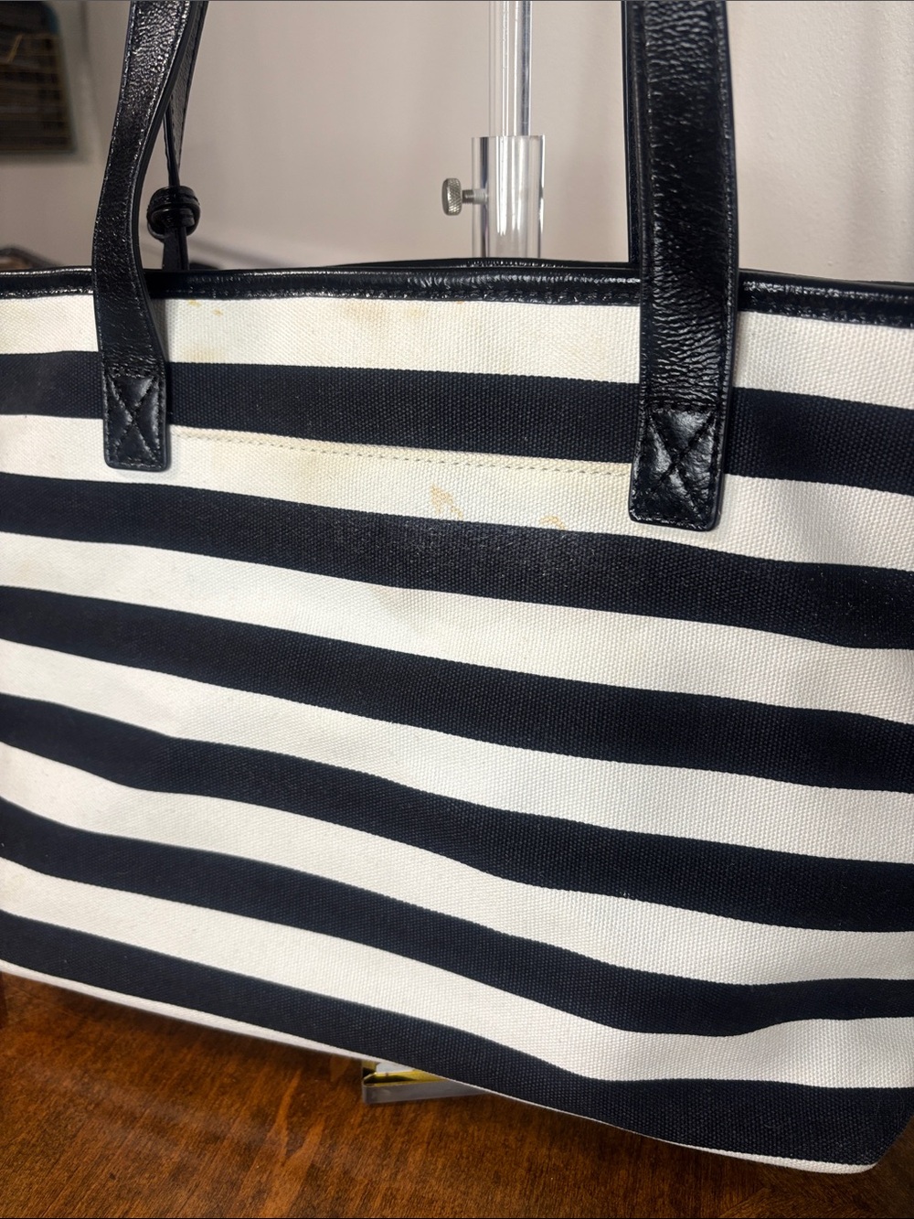 Michael Kors Black and White Striped Canvas Tote with Silver MK Charm - Picture 16 of 16